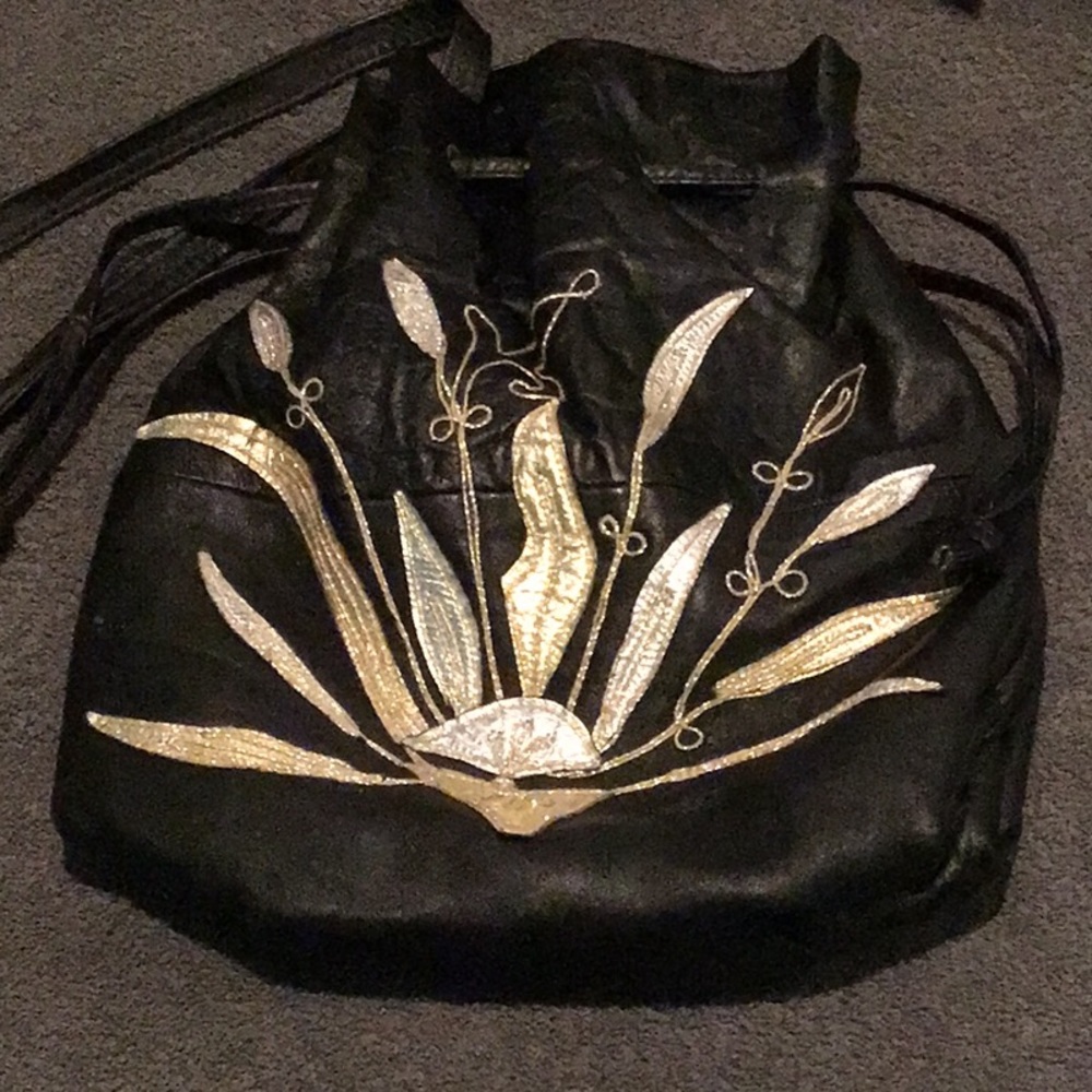 Vintage 1990s black leather bag w/ gold and silver metallic embellished accent